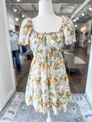 Ivory Floral Splash Front Tie Scoop Neck Mini Dress