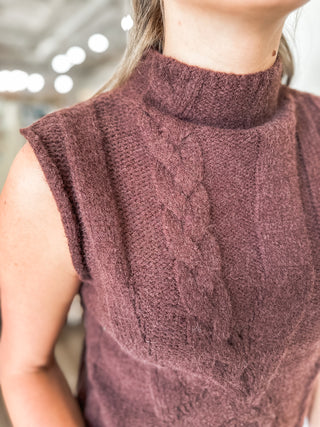Brown Cozy Cables Knit Sleeveless Sweater