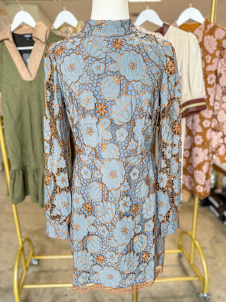Blue/Bronze Vintage Lace Charm Mini Dress