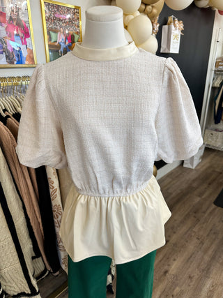 Cream Holiday Ready Tweed & Faux Leather Peplum Top