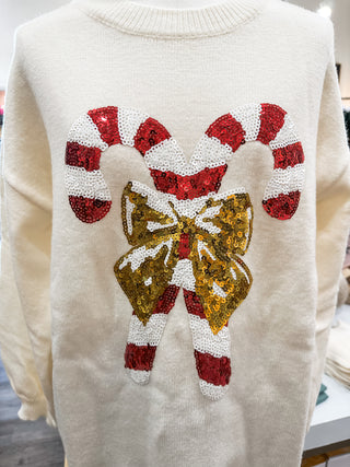 Ivory Candy Cane Sweetness Christmas Sequin Sweater