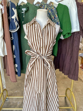 Brown Rowan Lane Striped Belted Maxi Dress