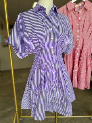 Purple Pinstripe Pleated Button Down Mini Dress