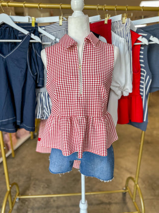 Red Weekend Favorite Gingham Half Zip Peplum Top
