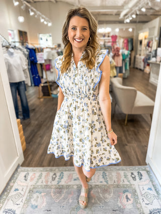 Sunday Social Blue Flutter Sleeve Floral Pintuck Mini Dress
