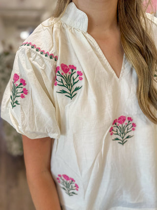 Cream Cottage Bloom Embroidered Bubble Sleeve Blouse
