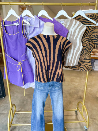 Black & Brown Tiger Stripe Boxy Mock Neck Sweater Top