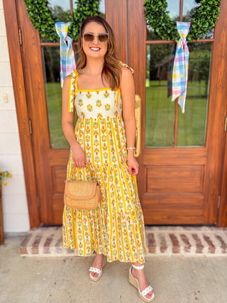 Yellow Floral State of Mind Stripe Midi Dress
