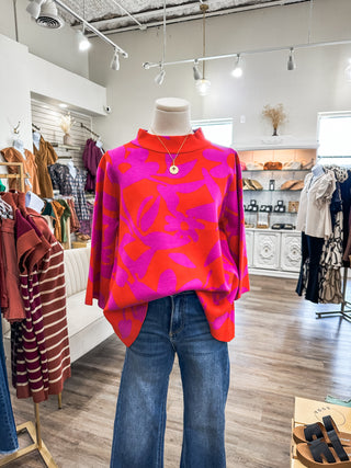 Red Magenta Fate Floral Bell Sleeve Sweater