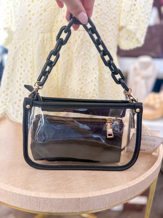 Black Jessica Stadium Clear Crossbody Bag w/ Chain Accent