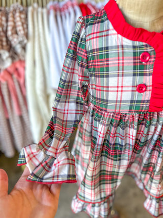 Girls Christmas Plaid Dress W/ Santa Applique & Ruffle