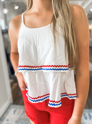 Patriotic Double Layer Ric Rac Trim Cami Top