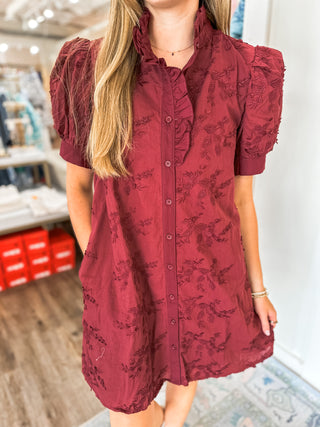 Burgundy Adorned in Ivy Vine Applique Button-down Dress