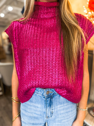 Candy Pink Radiant Luxe Metallic Mock Neck Sweater Vest