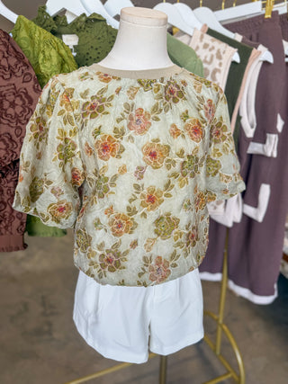 Taupe Vintage Floral Embroidered Top