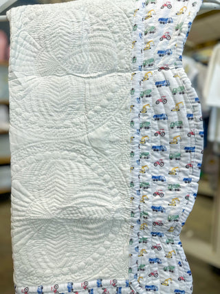 White W/ Truck Print Trim Baby Quilt