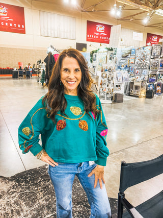 Green Holiday Charm Christmas Embroidery Cropped Sweatshirt