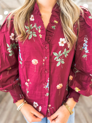 Burgundy Garden Stroll Long Sleeve Blouse