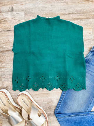 Teal Soft & Sleek Scalloped Eyelet Hem Sweater Top