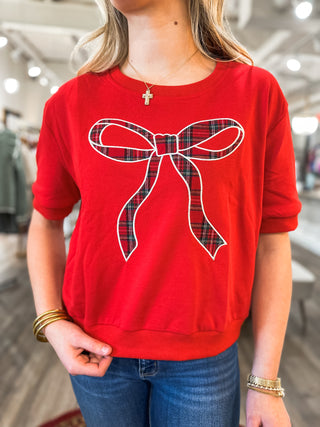 Red Holiday Plaid Perfection Bow Short Sleeve Top