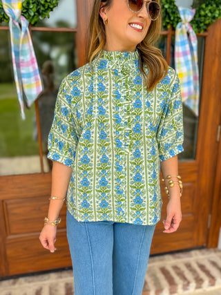 Blue Vintage Vine Ruffle Collar Blouse