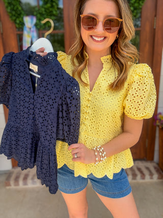 Lemon Yellow Eloise Eyelet Peplum Top