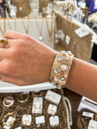 Gold Hammered Stretch Bangle W/ Pearl & Clear Accents