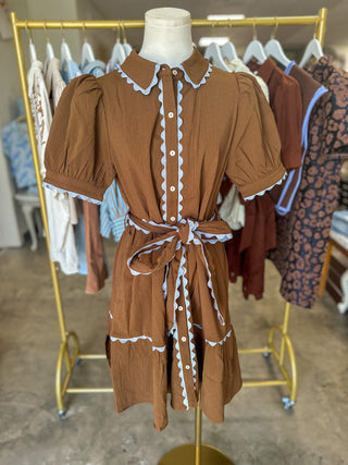Brown Autumn Picnic Ric Rac Trim Belted Mini Dress