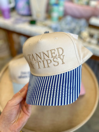 Tanned & Tipsy Light Blue and Navy Stripe Trucker Hat