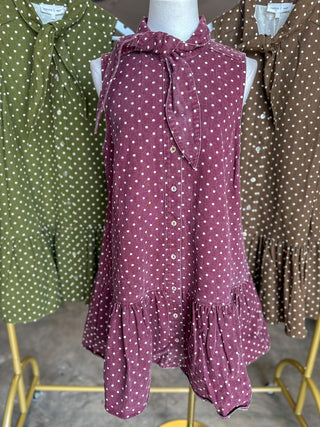 Burgundy Polished Polka Dots Tie Neck Mini Dress