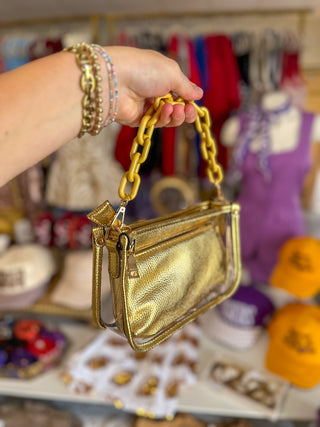 Gold Jessica Stadium Clear Crossbody Bag w/ Chain Accent