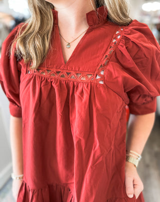 Brick Laurel Lace Trim Mini Dress