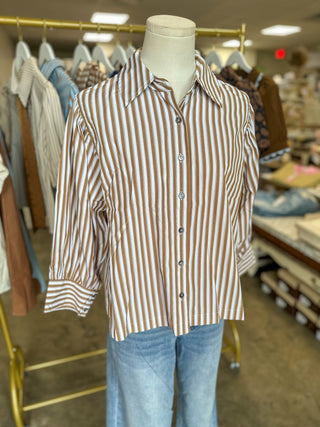 Camel Harvest House Striped Button Down Top