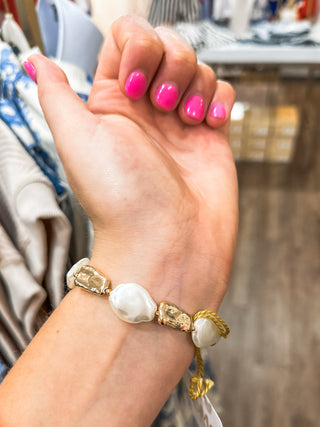 Flat Oval Pearl & Textured Gold Toggle Bracelet W/ Puffy Heart Charm
