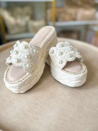 The Candice Ivory Floral Pearl Raffia Platform Sandal