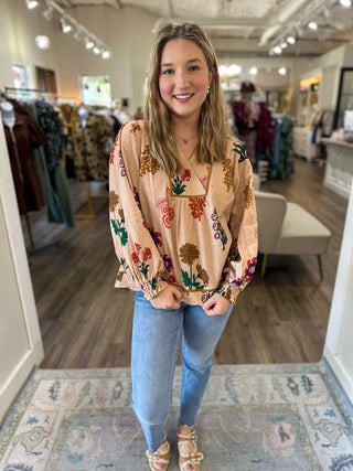 Tan Tapestry Florals Long Sleeve Top