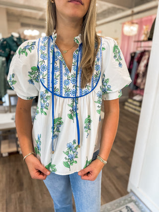Off White / Blue Tuscan Bloom Blouse