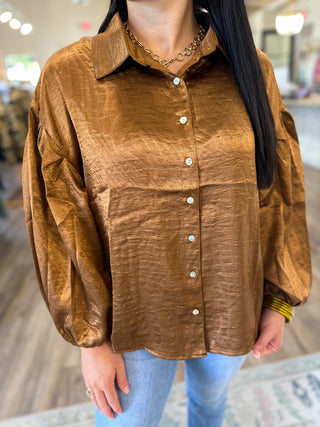 Camel Ever So Chic Collar Neck Button Down Long Sleeve Blouse