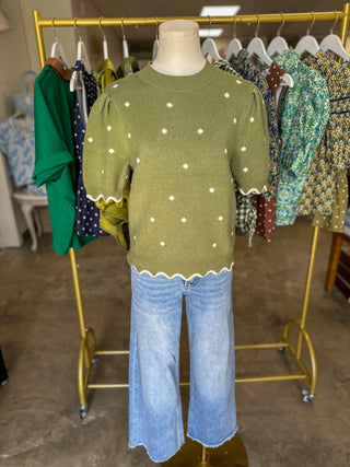 Olive Dotted Delight Scallop Trim Sweater Top