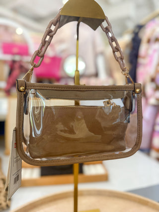 Taupe Jessica Stadium Clear Crossbody Bag w/ Chain Accent