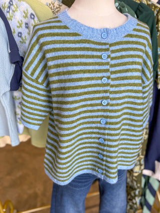 Blue & Olive Striped Weekend Stroll Button Down Cardigan