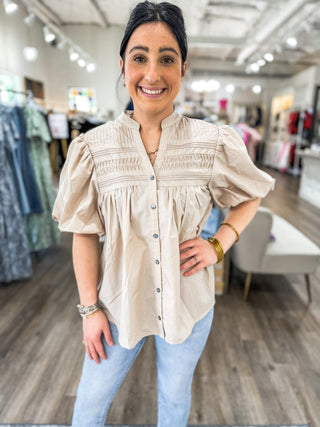 Taupe Petal Pleats Pintuck Detail Blouse