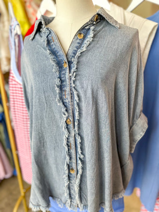 Summertime Love Frayed Trim Denim Button Top
