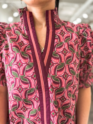 Wine Autumn Mosaic Puff Sleeve Top