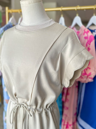 Ecru Sunny Skies Scallop Tie Waist Mini Dress