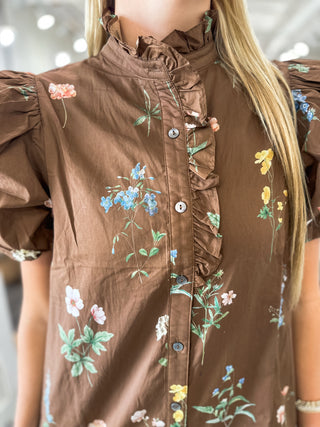 Brown Garden Stroll Ruffle Neck Mini Dress