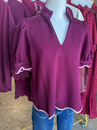 Plum Perfectly Scalloped Contrast Trim Top