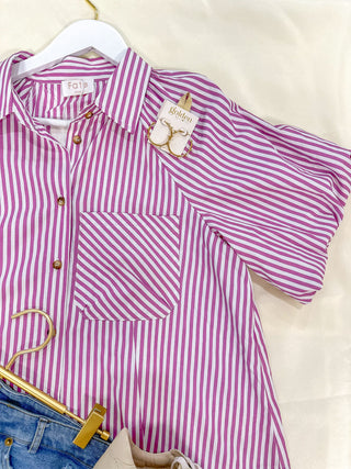 Style Everyday Off White/Magenta Striped Puff Sleeve Blouse