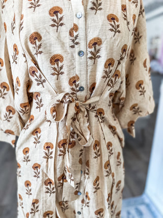 Tan Floral Whispers Tie Waist Mini Dress