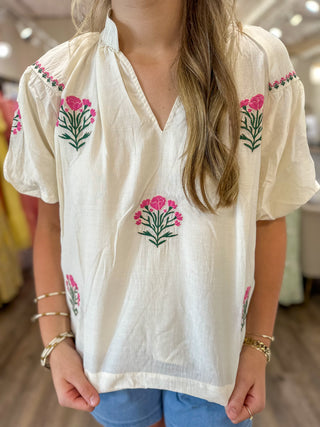 Cream Cottage Bloom Embroidered Bubble Sleeve Blouse